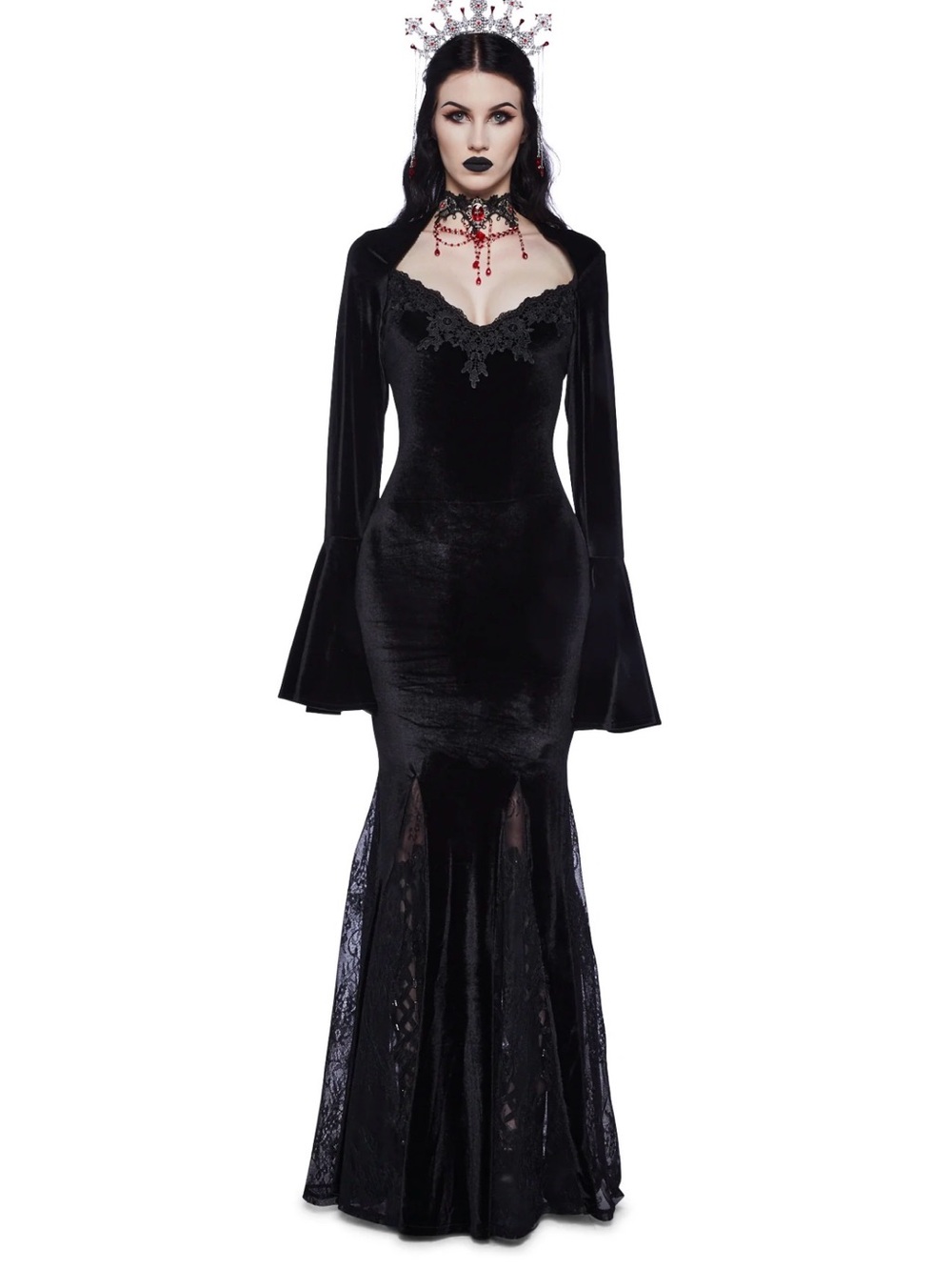 Dolls Kill Black Velvet Gothic Mermaid Maxi Dress with Bell Sleeves
